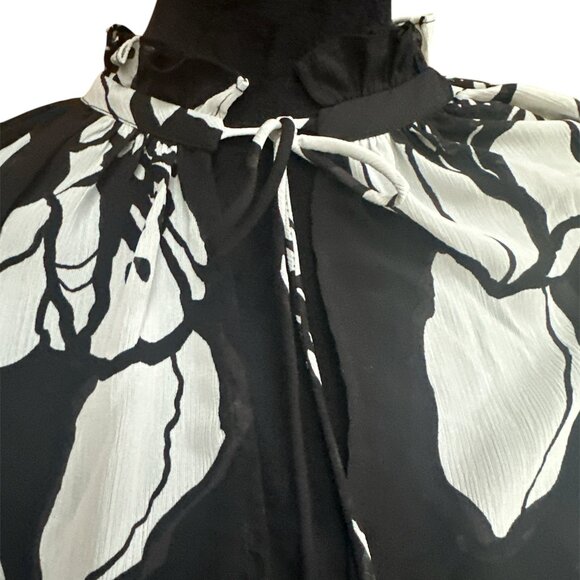 H&M Black & White Floral Sheer Ruffle Tie Neck Long Sleeve Blouse Large - Picture 2 of 6